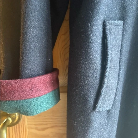 Cabin Creek Navy and Green Wool Trench Coat with Hood Burgundy Accents Size 6 - Picture 8 of 10